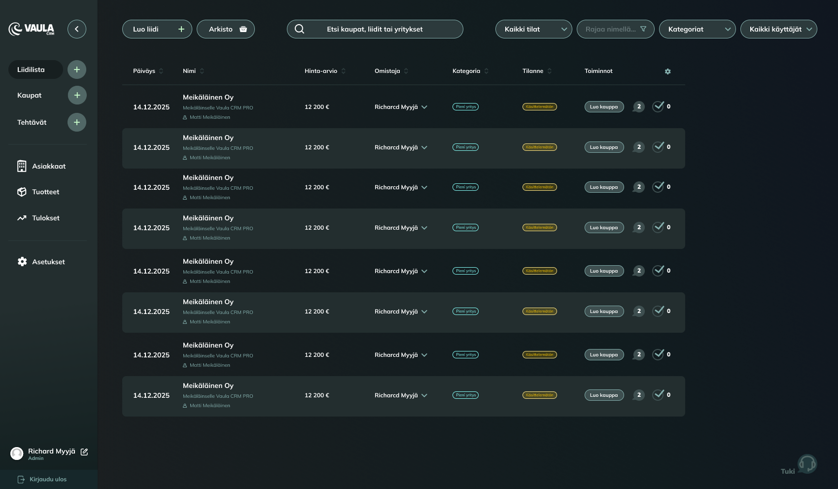 Liidit näkymä Vaula CRM