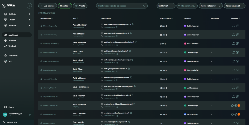 Vaula CRM contacts view