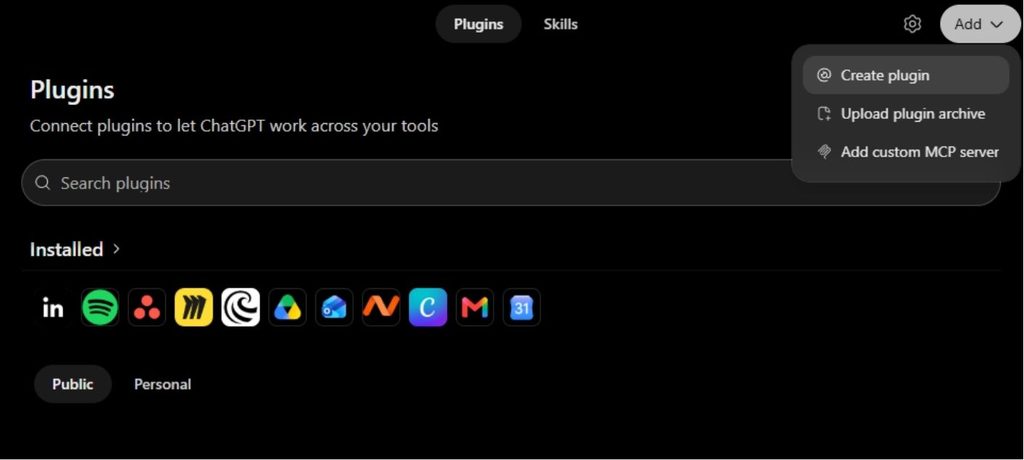 ChatGPT's Plugins view with the option to add a custom MCP server