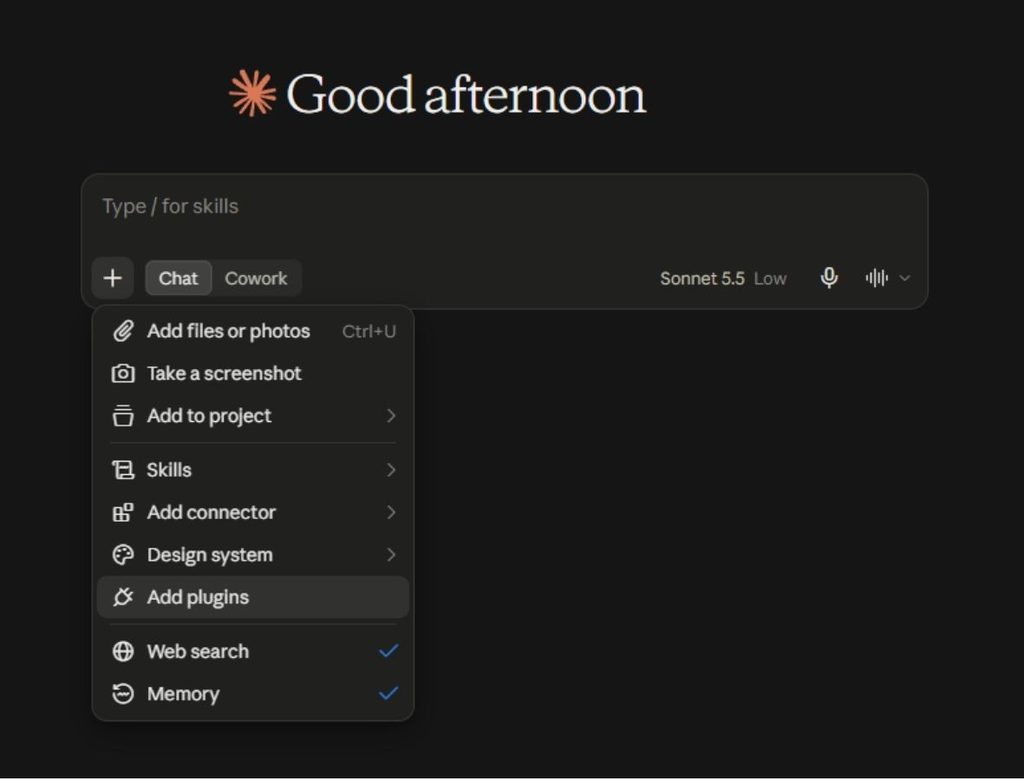 Claude's menu with the option to add a connector