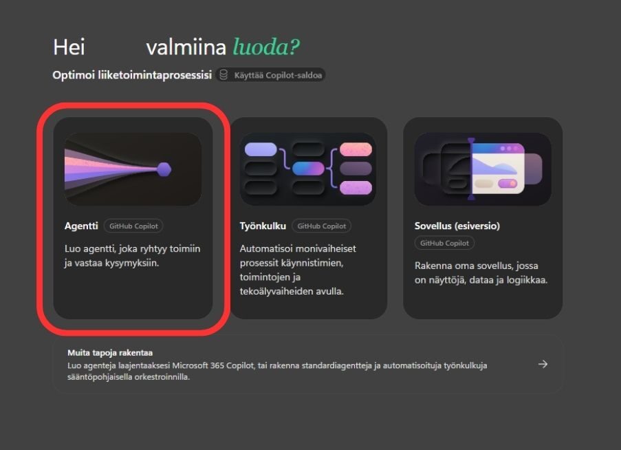 Copilotin aloitusnäkymä ja korostettu Agentti-valinta