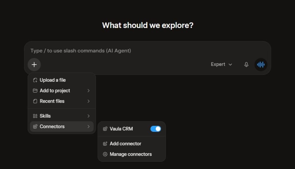 Vaula CRM enabled in Grok's Connectors menu