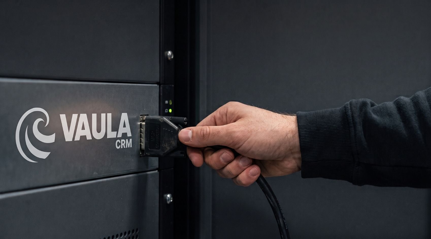 A cable being connected to a server bearing the Vaula CRM logo
